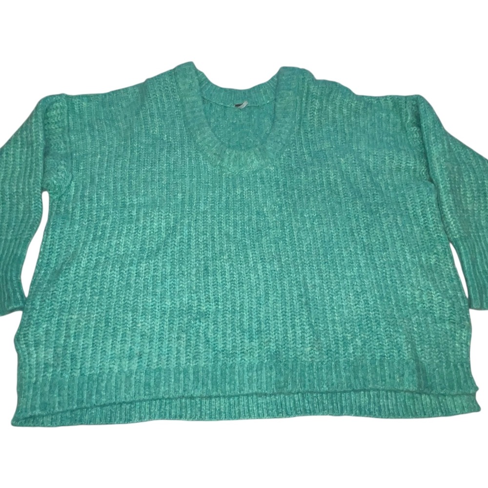 Free People Women's Knit Sweater Blue Bell V Neck Teal Large Oversized Chunky